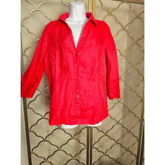 Talbots Women's Linen Button-Down Shirt L Bright Pink Preppy Modest Long Sleeve - Picture 1 of 5